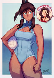 Rule 34 | !, 2girls, artist name, asami sato, avatar legends, ball, bare shoulders, blood, blue eyes, breasts, brown hair, cleavage, cleavage cutout, clothing cutout, commentary, cowboy shot, dark-skinned female, dark skin, english commentary, english text, hair between eyes, holding, holding ball, iahfy, korra, leotard, medium breasts, multiple girls, nosebleed, one-piece swimsuit, patreon username, sleeveless, swimsuit, the legend of korra, thighs, twitter username, volleyball, volleyball (object), watermark