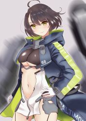 Rule 34 | 1girl, ahoge, armor, azur lane, bad id, bad pixiv id, baltimore (azur lane), blue coat, blurry, blurry background, blush, braid, breasts, brown hair, center opening, character name, clenched hand, clothing cutout, coat, collar, commentary request, cowboy shot, dress, faulds, french braid, garter straps, gloves, grey background, hair between eyes, hand on own hip, head tilt, highres, hood, hood down, hooded coat, large breasts, long sleeves, looking at viewer, manjirou (manji illust), midriff, multicolored coat, navel, open clothes, open coat, rigging, shiny clothes, side slit, sidelocks, sleeveless, sleeveless dress, smile, solo, stomach cutout, underboob, underboob cutout, white dress, white gloves, yellow eyes, zipper, zipper pull tab
