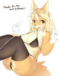 Rule 34 | 1girl, :3, ahoge, animal ears, animal nose, bare shoulders, bikini, black bikini, black thighhighs, blonde hair, blush, body fur, breasts, cleavage, english text, faeki, fang, female focus, fox ears, fox girl, fox tail, front-tie bikini top, front-tie top, furry, furry female, hair between eyes, hands up, highres, index finger raised, knees up, large breasts, leaning back, long hair, looking at viewer, milestone celebration, multicolored fur, open mouth, original, sidelocks, simple background, sitting, skindentation, smile, snout, solo, string bikini, swimsuit, tail, thank you, thick eyebrows, thick thighs, thighhighs, thighs, white background, white fur, yellow eyes, yellow fur