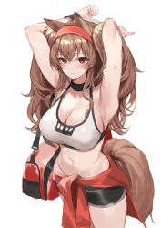 1girl absurdres angelina_(arknights) angelina_(sports)_(arknights) animal_ears arknights armpits arms_up bag breasts brown_hair clothes_around_waist duffel_bag duplicate fox_ears fox_tail hairband highres infection_monitor_(arknights) large_breasts long_hair midriff molyb navel pixel-perfect_duplicate red_eyes shorts simple_background sports_bra tail twintails white_background