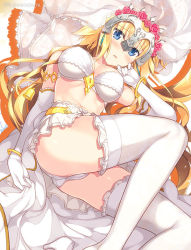 Rule 34 | ass, bell, blonde hair, blue eyes, blush, braid, breasts, bridal veil, cameltoe, commentary request, elbow gloves, eyes visible through hair, fate/apocrypha, fate/grand order, fate (series), flower, frilled thighhighs, frills, fujima takuya, gloves, hair flower, hair ornament, headpiece, jeanne d&#039;arc (fate), jeanne d&#039;arc (ruler) (fate), large breasts, lying, navel, on side, open mouth, panties, thighhighs, underwear, veil, white panties, white thighhighs