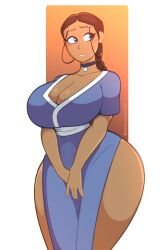 Rule 34 | 1girl, avatar: the last airbender, avatar legends, blue eyes, blush, breasts, choker, cleavage, curvy, dark-skinned female, dark skin, female focus, highres, huge breasts, japanese clothes, katara, kimono, long hair, nsfwskully, ponytail, simple background, solo, thick thighs, thighs, wide hips