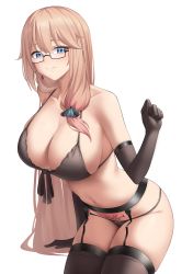 Rule 34 | 1girl, absurdres, black bra, black garter belt, black gloves, black panties, black thighhighs, blue eyes, bra, closed mouth, collarbone, commission, earrings, elbow gloves, garter belt, glasses, gloves, hair over shoulder, hair tie, hand up, highres, jewelry, laan (0110), leaning forward, light brown hair, long hair, looking at viewer, navel, original, panties, pixiv commission, pointy ears, pubic tattoo, simple background, single earring, sitting, skindentation, solo, stomach, tachikawa yoru (dragoaman), tattoo, thighhighs, thighs, underwear, white background