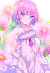 Rule 34 | 1girl, bad id, bad pixiv id, bare arms, bare shoulders, blush, closed mouth, collarbone, commentary request, cosmos (flower), cowboy shot, dress, floral background, flower, green eyes, green ribbon, hair between eyes, hair ribbon, halterneck, head tilt, kabocha usagi, looking at viewer, original, pink flower, pink hair, ribbon, short hair, signature, skirt hold, smile, solo, white dress