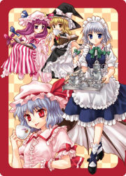 Rule 34 | 4girls, :p, bat wings, blonde hair, bloomers, blue eyes, book, braid, checkered background, covering face, covering own mouth, covering privates, crescent, cup, female focus, hat, izayoi sakuya, kirisame marisa, maid, maid headdress, multiple girls, patchouli knowledge, purple eyes, purple hair, red eyes, remilia scarlet, sato-pon, short sleeves, silver hair, sitting, standing, tablet, tea set, teacup, teapot, tongue, tongue out, touhou, twin braids, underwear, wings, witch, witch hat, wrist cuffs