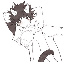 Rule 34 | 1boy, animal ears, arms behind head, blush, boku no hero academia, bottomless, cat ears, cat tail, clothes lift, coi mha, freckles, greyscale, kemonomimi mode, looking at viewer, male focus, messy hair, midoriya izuku, monochrome, mouth hold, shirt, shirt lift, simple background, solo, t-shirt, tail, white background