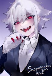 Rule 34 | 1girl, animal hands, black jacket, commission, fangs, gradient background, indie virtual youtuber, jacket, looking at viewer, mile (off8mile), necktie, open mouth, purple background, red eyes, shirt, skeb commission, smile, solo, tongue, tongue out, virtual youtuber, white necktie, white shirt
