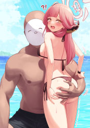 Rule 34 | !?, 1boy, 1girl, ahoge, aru (blue archive), ass, ass grab, bad anatomy, bald, beach, bikini, black bikini, black male swimwear, black swim trunks, blue archive, blush, breasts, commentary request, deadnooodles, embarrassed, flying sweatdrops, from behind, grabbing another&#039;s ass, groping, hands on ass, hetero, highres, horns, large breasts, long hair, looking back, male swimwear, mask, navel, nipples, open mouth, outdoors, pink hair, side-tie bikini bottom, single horn, swimsuit, thong, thong bikini, trembling, water, yellow eyes