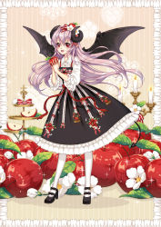 Rule 34 | 1girl, :d, apple, bat wings, bbcat1984, black dress, black footwear, blouse, bow, candle, dress, food, food-themed hair ornament, fruit, full body, hair bow, hair ornament, highres, holding, holding food, horns, lolita fashion, long hair, looking at viewer, open mouth, original, pantyhose, pointy ears, purple hair, red apple, red eyes, shirt, shoes, smile, solo, standing, striped, striped bow, tiered tray, white pantyhose, white shirt, wings