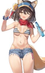 Rule 34 | 1girl, animal ears, blue archive, blue shorts, blush, breasts, brown eyes, cleavage, denim, denim shorts, fang, hair ornament, highres, holding, izuna (blue archive), izuna (swimsuit) (blue archive), medium breasts, medium hair, micro shorts, navel, official alternate costume, one eye closed, open mouth, ramune, rangen, scrunchie, shorts, simple background, skin fang, smile, stomach, tail, underboob, white background, wrist scrunchie
