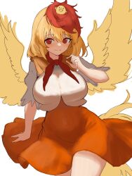 Rule 34 | 1girl, absurdres, animal, animal on head, bird, bird on head, bird tail, bird wings, blonde hair, breasts, brown dress, chick, chicken, covered navel, cowboy shot, dress, feathered wings, hair between eyes, hand up, highres, large breasts, looking at viewer, medium hair, moriforest1040, multicolored hair, neckerchief, niwatari kutaka, on head, orange dress, pinching, red eyes, red hair, red neckerchief, simple background, smile, solo, tail, thick thighs, thighs, touhou, two-tone hair, white background, wings, yellow wings