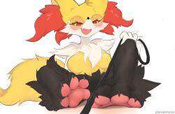 Rule 34 | 1girl, animal ear fluff, animal ears, animal feet, animal nose, artist name, barefoot, black fur, blush, body fur, braixen, breasts, breasts apart, claws, creatures (company), fang, feet, female focus, foot focus, fox ears, fox girl, fox tail, game freak, gen 6 pokemon, glasses, half-closed eyes, hand up, happy, highres, holding, holding leash, imoon, leash, looking at viewer, looking down, medium breasts, multicolored fur, neck fur, nintendo, no nipples, open mouth, orange-tinted eyewear, pawpads, pet play, pince-nez, pixiv username, pokemon, pokemon (creature), pov, round eyewear, simple background, sitting, smile, snout, solo focus, sunglasses, tail, tinted eyewear, toes, viewer on leash, watermark, white background, white fur, yellow fur