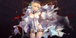 Rule 34 | 10s, 2girls, absurdres, blonde hair, breasts, chain, cleavage, corset, dress, dual persona, epaulettes, eyelashes, fate/extella, fate/extra, fate/grand order, fate (series), gloves, green eyes, highres, holding, holding weapon, leotard, lock, multiple girls, nero claudius (bride) (fate), nero claudius (bride) (second ascension) (fate), nero claudius (fate), nero claudius (fate) (all), padlock, see-through, smile, swd3e2, weapon, wedding dress
