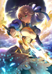 Rule 34 | 1girl, ahoge, artoria pendragon (all), artoria pendragon (fate), bad id, bad pixiv id, blonde hair, breasts, dress, excalibur (fate/stay night), fate/grand order, fate/stay night, fate (series), gauntlets, glowing, glowing sword, glowing weapon, green eyes, highres, light particles, medium breasts, saber (fate), solo, suishougensou, weapon