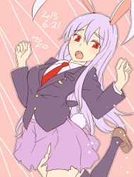 Rule 34 | 1girl, 2015, animal ears, blazer, blush, female focus, flat color, jacket, light purple hair, long hair, long sleeves, miyo (ranthath), necktie, open mouth, pink skirt, purple hair, rabbit ears, rabbit girl, rabbit tail, red eyes, red necktie, reisen udongein inaba, skirt, solo, tail, torn clothes, torn skirt, touhou