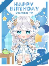 Rule 34 | 1girl, a-pose, benghuai xueyuan, blush, chibi, dress, earrings, english text, full body, green eyes, happy, happy birthday, highres, honkai (series), jewelry, kiana kaslana, looking at viewer, official art, open mouth, solo, twintails, white dress, white hair