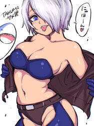 Rule 34 | 1girl, angel (kof), bare shoulders, blue eyes, bra, breasts, cleavage, collarbone, crop top, gloves, hair over one eye, heart, highres, hip vent, jacket, japanese text, large breasts, navel, one eye covered, panties, revealing clothes, shark, short hair, takumi309moai, the king of fighters, tongue, tongue out, underwear, undressing, white hair, wrestling outfit