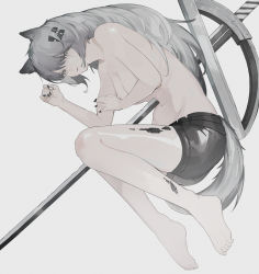 Rule 34 | 1girl, animal ears, arknights, bare legs, barefoot, black nails, black shorts, breasts, cleavage, closed mouth, collarbone, covering breasts, covering privates, full body, grey eyes, grey hair, highres, kei (a key kuuuun), lappland (arknights), large breasts, long hair, looking at viewer, lying, material growth, nail polish, navel, on side, oripathy lesion (arknights), photoshop (medium), short shorts, shorts, simple background, solo, sword, tail, topless, very long hair, weapon, white background, wolf ears, wolf girl, wolf tail