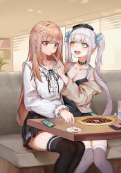 Rule 34 | 2girls, aqua eyes, black legwear, blush, breasts, brown eyes, brown hair, character request, choker, chopsticks, cleavage, collarbone, couch, cup, drinking glass, drinking straw, grey hair, hair ornament, hairclip, heterochromia, highres, holding, holding chopsticks, indoors, jewelry, kagura gumi, kagura mea, large breasts, long hair, long sleeves, looking at another, medium breasts, multicolored eyes, multiple girls, necklace, open mouth, plate, shenbaibaibaibaibaibaibai, sitting, smile, thighhighs, twintails, very long hair, virtual youtuber, white legwear