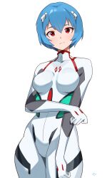 Rule 34 | 1girl, absurdres, ayanami rei, blue hair, bodysuit, breasts, closed mouth, commentary, cowboy shot, english commentary, hair between eyes, highres, interface headset, light blush, light frown, looking at viewer, medium breasts, neon genesis evangelion, pilot suit, plugsuit, red eyes, short hair, simple background, skin tight, solo, standing, t-lex, white background, white bodysuit