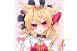Rule 34 | 1girl, :p, animal ears, bell, black collar, blonde hair, bow, cat day, cat ears, cat tail, claw pose, collar, collared shirt, commentary, dated, flandre scarlet, frilled shirt collar, frills, hair ribbon, hand up, hat, highres, kemonomimi mode, long hair, looking at viewer, mob cap, neck bell, one side up, pink bow, red eyes, red ribbon, red vest, ribbon, rori82li, shirt, short sleeves, solo, tail, tongue, tongue out, touhou, twitter username, upper body, vest, white hat, white shirt, wrist cuffs