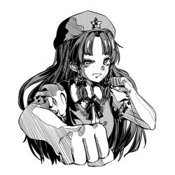 Rule 34 | 1girl, beret, braid, breasts, clenched hands, collared shirt, cropped torso, fighting stance, frilled sleeves, frills, greyscale, hat, hat ornament, hong meiling, kourou (kouroukun), long hair, looking at viewer, monochrome, neck ribbon, puffy short sleeves, puffy sleeves, ribbon, shirt, short sleeves, simple background, small breasts, solo, star (symbol), star hat ornament, touhou, twin braids, upper body, vest