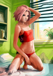 Rule 34 | 1girl, arm up, book, breasts, camisole, collarbone, hand on head, haruno sakura, kneeling, lips, looking to the side, midriff, mzag, naruto, naruto (series), on bed, panties, pillow, pink hair, plant, red panties, red shirt, shirt, short hair, sleeveless, sleeveless shirt, small breasts, solo, underwear, window