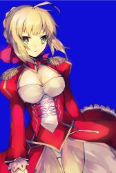 Rule 34 | 10s, 1girl, ahoge, aqua eyes, bad id, bad pixiv id, blue background, breasts, cleavage, cowboy shot, epaulettes, fate/extra, fate (series), highres, konntyann, long hair, looking at viewer, nero claudius (fate), nero claudius (fate) (all), nero claudius (fate/extra), see-through, short hair, solo