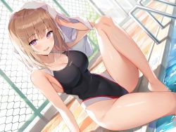 Rule 34 | 1girl, absurdres, ale nqki, arm up, blush, breasts, brown hair, cleavage, competition swimsuit, fence, hair ornament, hairclip, highres, holding, holding towel, large breasts, legs folded, looking at viewer, medium hair, one-piece swimsuit, open mouth, original, pool, pool ladder, purple eyes, sitting, smile, solo, swimsuit, towel