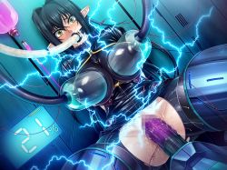 Rule 34 | 1girl, annerose vajra, black hair, breasts, brown eyes, censored, curvy, electricity, electrocution, covered erect nipples, feeding, female focus, kagami hirotaka, koutetsu no majo anneroze, large breasts, long hair, looking at viewer, pantyhose, parted lips, sideboob, sitting, smile, solo, tagme, taimanin (series), taimanin asagi kessen arena, very long hair, wide hips