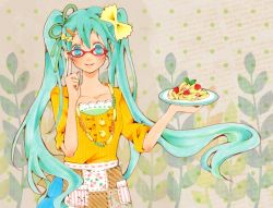 Rule 34 | 1girl, alternate costume, apron, aqua eyes, aqua hair, bad id, bad pixiv id, bespectacled, food, food as clothes, food-themed clothes, glasses, hair ornament, hatsune miku, jewelry, leaf, long hair, necklace, noodles, pasta, plate, smile, solo, spaghetti, tomoshibi rei, twintails, vocaloid, waist apron