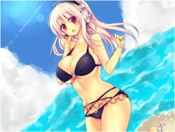 Rule 34 | 1girl, aki (prdx85), bad id, bad pixiv id, beach, blush, breasts, day, headphones, large breasts, long hair, nitroplus, open mouth, pink hair, red eyes, smile, solo, super sonico, watch