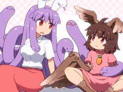 Rule 34 | 2girls, ahoge, arm support, breasts, brown hair, brown wings, carrot necklace, checkered background, commentary request, dress, fangs, feathered wings, feet out of frame, forked tongue, hair between eyes, harpy, head wings, inaba tewi, indian style, jewelry, large breasts, long hair, long skirt, looking at another, monster girl, monsterification, multiple girls, necklace, open mouth, pink background, pink dress, pink skirt, puffy short sleeves, puffy sleeves, purple hair, red eyes, reisen udongein inaba, shirosato, shirt, short hair, short sleeves, sitting, skirt, slit pupils, snake, snake hair, thighs, tongue, touhou, very long hair, white shirt, winged arms, wings