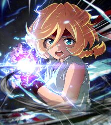 Rule 34 | 1girl, blonde hair, blue eyes, cosplay, elfnein, fingerless gloves, gloves, hadouken, highres, looking at viewer, open mouth, ponytail, red gloves, ryu (street fighter), ryu (street fighter) (cosplay), senki zesshou symphogear, short hair, solo, street fighter, tanashi (mk2)