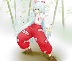 Rule 34 | 1girl, bamboo, bamboo forest, female focus, flat chest, forest, fujiwara no mokou, hair ribbon, highres, long hair, md5 mismatch, nature, resolution mismatch, ribbon, solo, source smaller, suspenders, touhou, very long hair, white hair