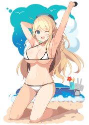 Rule 34 | 1girl, armpits, arms up, atago (kancolle), barefoot, beach, bikini, bird, blonde hair, blue eyes, blue hat, blush, breasts, cleavage, cup, full body, hat, highres, kantai collection, kneeling, large breasts, long hair, looking at viewer, micro bikini, one eye closed, open mouth, outdoors, rensouhou-chan, sand, shin (new), solo, swimsuit, very long hair, water, white bikini