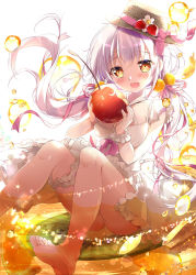 Rule 34 | 1girl, :d, barefoot, blush, breasts, brown eyes, cherry, collarbone, commentary request, criss-cross halter, dress, food, frilled dress, frills, fruit, halterneck, hands up, highres, holding, holding food, knees up, long hair, looking at viewer, low twintails, medium breasts, mikeou, open mouth, original, oversized food, oversized object, purple hair, smile, soles, solo, twintails, twitter username, very long hair, white background, white dress, wrist cuffs