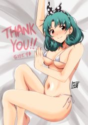 Rule 34 | 1girl, arm up, artist name, bed sheet, bikini, black ribbon, blush, breasts, brown eyes, closed mouth, commentary request, english text, from above, green hair, hair ribbon, highres, idolmaster, idolmaster million live!, knee up, looking at viewer, lying, medium breasts, medium hair, micro bikini, on bed, on side, ponpon, ribbon, side-tie bikini bottom, signature, smile, solo, swimsuit, thank you, tokugawa matsuri, white bikini