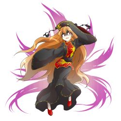 Rule 34 | 1girl, :d, alphes (style), beads, black dress, black hat, chinese clothes, constricted pupils, crazy eyes, crazy smile, crescent, crescent moon, dairi, dress, energy, eyebrows, fox tail, full body, hair between eyes, hat, highres, junko (touhou), long hair, long sleeves, moon, open mouth, orange hair, parody, red eyes, red footwear, ribbon, sash, shaded face, sleeves past wrists, smile, solo, style parody, tabard, tail, tassel, touhou, transparent background, turtleneck, very long hair, wide sleeves, yellow ribbon