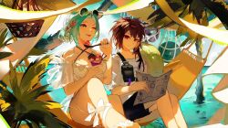 Rule 34 | 1boy, 1girl, aqua eyes, aqua hair, bikini, black shorts, breasts, brown hair, character food, chinese commentary, closed mouth, commentary request, day, enomoto noa, eyewear on head, hair bun, hair ornament, hammock, highres, holding, holding map, holding spoon, innertube, isoi haruki, juw10, low ponytail, map, medium breasts, outdoors, parted bangs, red eyes, saibou shinkyoku, short sleeves, shorts, side ponytail, sitting, smile, spoon, star (symbol), star hair ornament, sunglasses, swim ring, swimsuit, tongue, tongue out, white bikini