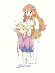 Rule 34 | 2girls, :&lt;, :3, blonde hair, blue skirt, blush, brown eyes, brown hair, brown skirt, cardigan, center frills, closed eyes, collared shirt, drying, drying hair, frills, full body, futaba anzu, hair ornament, hands on another&#039;s head, height difference, highres, holding, holding towel, hunched over, idolmaster, idolmaster cinderella girls, long hair, long sleeves, looking at another, low twintails, moroboshi kirari, multiple girls, neck ribbon, nendo23, open cardigan, open clothes, open mouth, pink cardigan, pleated skirt, puddle, ribbon, shirt, simple background, skirt, sleeves past wrists, socks, star (symbol), star hair ornament, suspender skirt, suspenders, thighhighs, towel, twintails, very long hair, wet, wet clothes, white background, white shirt, white socks, white thighhighs, wing hair ornament, yellow ribbon