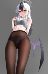 Rule 34 | 1girl, absurdres, arm behind back, black hair, black pantyhose, blue archive, blush, bra, calvin klein, collarbone, commentary, demon horns, demon wings, from below, grey background, grey bra, grey panties, halo, highres, horns, kayoko (blue archive), ly 7317, mole, mole on collarbone, multicolored hair, navel, panties, panties under pantyhose, pantyhose, red eyes, simple background, single wing, solo, stomach, streaked hair, symbol-only commentary, underwear, white hair, wings