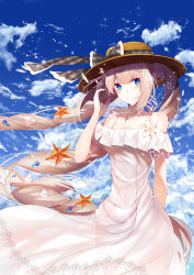 Rule 34 | 1girl, absurdres, arm up, bare shoulders, blue eyes, blue sky, blush, bow, breasts, brown hat, cleavage, closed mouth, cloud, collarbone, commentary request, day, dress, fate/grand order, fate (series), flower, grey bow, grey ribbon, hair between eyes, hat, highres, light brown hair, long hair, looking at viewer, marie antoinette (fate), marie antoinette (swimsuit caster) (second ascension) (fate), medium breasts, off-shoulder dress, off shoulder, outdoors, plaid, plaid bow, plaid ribbon, re:rin, ribbon, seashell, shell, sky, smile, solo, starfish, twintails, very long hair, white dress, white flower, wind