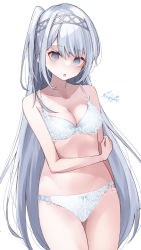 Rule 34 | 1girl, :o, absurdres, bare shoulders, blush, bra, breasts, cleavage, collarbone, cowboy shot, fuyutsuki (kancolle), grey eyes, haggy, highres, kantai collection, long hair, medium breasts, one side up, panties, silver hair, simple background, solo, twitter username, underwear, underwear only, very long hair, white background, white bra, white panties