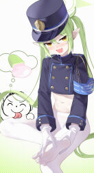 1girl absurdres armband black_hat black_jacket blue_archive blue_armband blush buttons commentary_request crop_top cropped_jacket doodle_sensei_(blue_archive) double-breasted fang feet geez gloves green_hair green_halo hair_between_eyes halo hat highres holding_own_foot jacket licking licking_leg long_hair long_sleeves looking_at_viewer navel no_pants no_shoes nozomi_(blue_archive) open_mouth panties panties_under_pantyhose pantyhose peaked_cap pointy_ears sensei_(blue_archive) simple_background skin_fang smile soles solo_focus stomach striped_clothes striped_panties sweatdrop toes twintails underwear very_long_hair white_background white_gloves white_pantyhose yellow_eyes