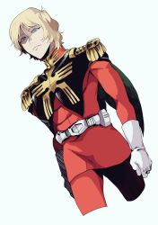 Rule 34 | 1boy, blonde hair, blue eyes, char aznable, cropped legs, dutch angle, gloves, gundam, jacket, long sleeves, looking at viewer, male focus, military, military uniform, mobile suit gundam, otenki93, pants, red jacket, red pants, short hair, simple background, solo, uniform, white background, white gloves