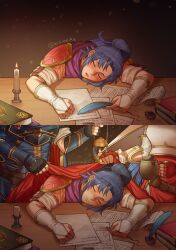 Rule 34 | 1boy, 2girls, armor, blanket, blue eyes, breastplate, caeda (fire emblem), candle, candlelight, closed eyes, commission, desk, fingerless gloves, fire emblem, fire emblem: mystery of the emblem, fire emblem: new mystery of the emblem, gloves, highres, hiomaika, ink bottle, kris (female) (fire emblem), kris (fire emblem), lying, marth (fire emblem), multiple girls, nintendo, on table, paper, pen, ponytail, quill, sleeping, sleeping upright, solo focus, table, twitter username, writing