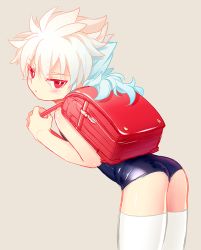 Rule 34 | 1boy, aged down, ass, backpack, bad id, bad pixiv id, bag, bent over, blue hair, blush, crossdressing, hakuryuu (inazuma eleven), inazuma eleven (series), inazuma eleven go, long hair, looking at viewer, looking back, male focus, multicolored hair, nalse, one-piece swimsuit, ponytail, randoseru, red eyes, school swimsuit, simple background, solo, swimsuit, thighhighs, two-tone hair, white hair