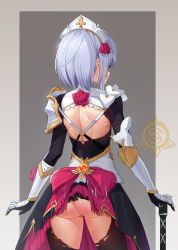 Rule 34 | 1girl, absurdres, armor, ass, back, back bow, black dress, black pantyhose, border, bow, burnt clothes, combat maid, dress, flower, from behind, genshin impact, geo (genshin impact), grey border, hair flower, hair ornament, highres, holding, holding weapon, large weapon, maid, maid headdress, no panties, noelle (genshin impact), pantyhose, pink bow, rose, rose (flower), shiny skin, short hair, shoulder armor, shoulder blades, silver hair, solo, standing, thick thighs, thighs, torn clothes, torn pantyhose, user hpym2248, vision (genshin impact), weapon, white headwear