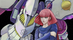 Rule 34 | 1girl, blue eyes, breasts, character name, crossed arms, emblem, gundam, haman karn, highres, looking to the side, lynx lyn 58, machinery, mecha, mobile suit, neo zeon, pink hair, purple eyes, qubeley, realistic, robot, roundel, science fiction, space, star (symbol), starry background, upper body, when you see it, zeta gundam